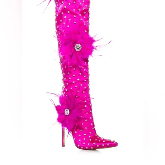 AZALEA WANG TARYN FUCHSIA SATIN FEATHER FLOWER BOOT Size 11 - Picture 5 of 5